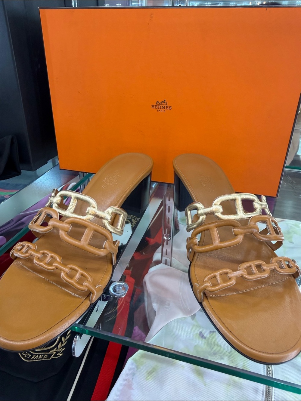 Hermes Tan Leather Chain-Link Slide Heels - Picture 12 of 12